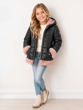 2/$50 Michael Kors Black Puffer Jacket Pink Faux Fur Girls Size 14 (Fits Small)